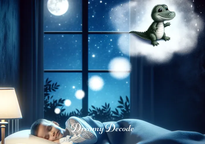 baby alligator dream meaning _ A serene bedroom at night, with moonlight streaming through a window. A dreamer sleeps peacefully, with a faint smile. A transparent thought bubble appears above them, showing a small, friendly-looking baby alligator, symbolizing the beginning of a dream journey.