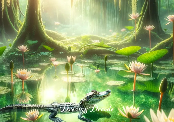 baby alligator dream meaning _ The dream scene transitions to a lush, green swamp, bathed in soft sunlight. The baby alligator from the thought bubble is now playfully swimming in clear water, surrounded by blooming water lilies, symbolizing exploration and growth in the dream.