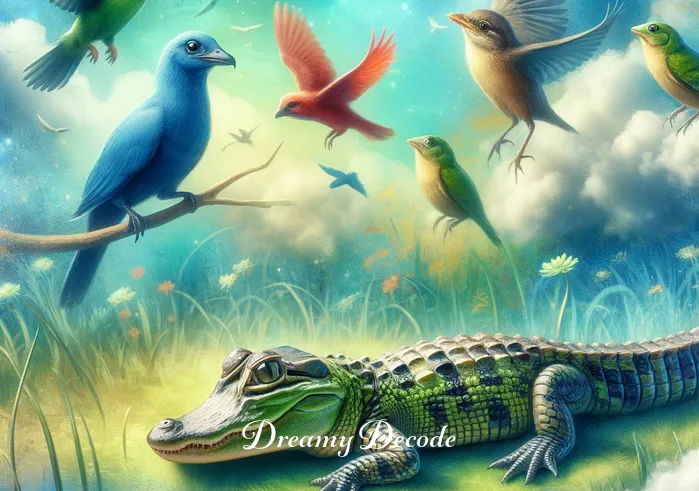 baby alligator dream meaning _ In the dream, the baby alligator is seen interacting with other swamp animals in a harmonious setting. Birds, frogs, and fish accompany the alligator, representing social connections and a sense of community in the dream world.