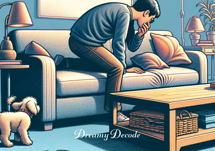 losing car keys dream meaning _ The same person now looking under a couch cushion in a living room, with a worried expression, as a small dog watches curiously, representing the increasing anxiety and thorough search in the dream narrative.