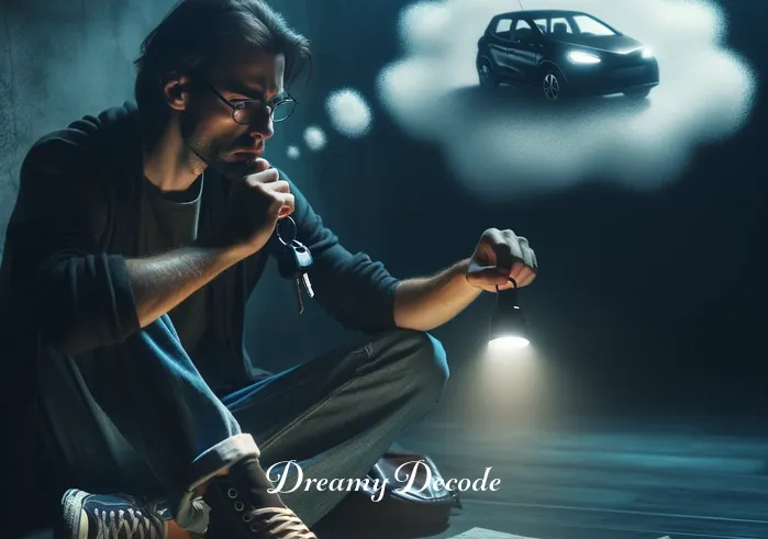 losing car keys dream meaning _ The individual, now sitting on the floor with a map and a flashlight, appears more determined but still perplexed, symbolizing the deeper introspection and search for solutions in the dream about losing car keys.