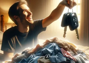 losing car keys dream meaning _ Finally, the person, with a relieved smile, finds a set of car keys under a pile of clothes in the bedroom, illustrating the resolution and discovery in the dream, often linked to finding a solution to a problem in waking life.