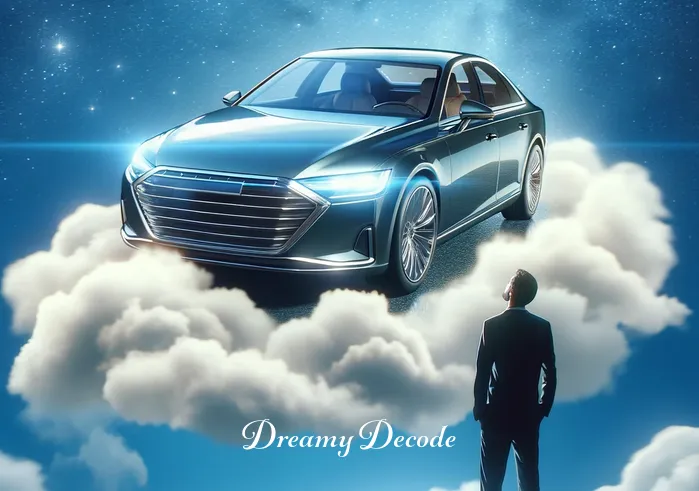 luxury car in dream meaning _ A vivid, dream-like depiction of a person standing in awe, gazing at a shiny, luxurious car materializing from the clouds above, symbolizing aspiration and desire. The car, a blend of elegance and modern design, reflects on the person