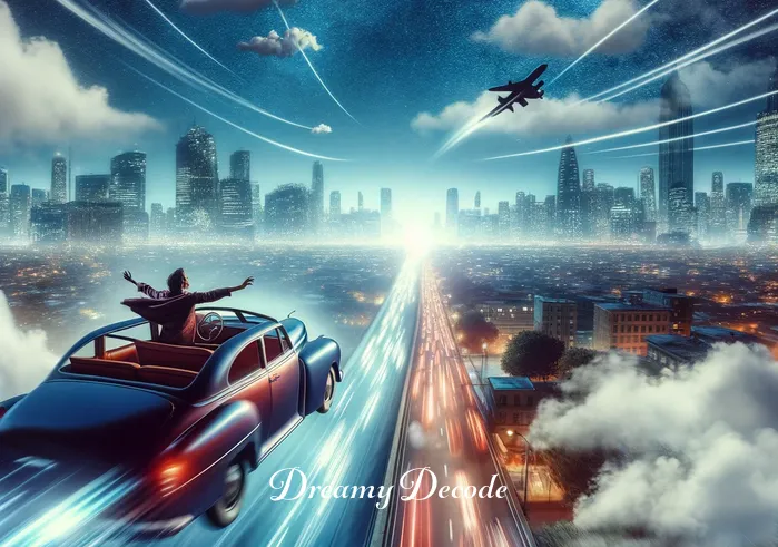 luxury car in dream meaning _ A surreal transition where the car and the dreamer are soaring above a cityscape, illustrating freedom and escape from daily constraints. The city lights blur below, creating a sense of speed and liberation. The dreamer looks out of the car window with a look of exhilaration and adventure.