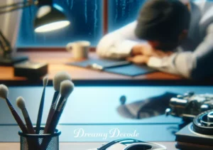 luxury car in dream meaning _ A final scene where the dreamer, back in their regular environment, reflects on the dream with a thoughtful expression. A miniature model of the luxury car is seen on their desk, symbolizing the lasting impact of the dream and the inspiration it provided for future aspirations and goals.