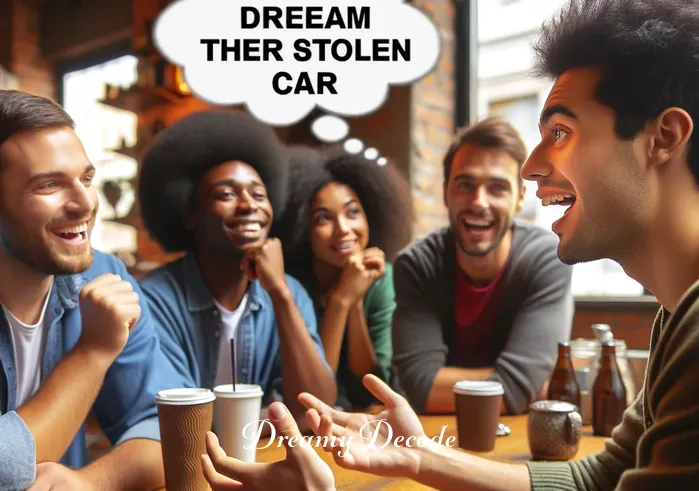 meaning of car being stolen dream _ In the next scene, the person is engaged in a lively discussion with a diverse group of friends at a cafe. They