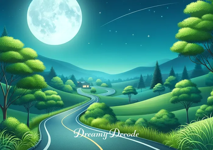 meaning of car crash dream _ A serene night landscape with a full moon illuminating a winding road. The road is empty and peaceful, with lush greenery on either side. A few stars twinkle in the clear sky, adding to the calm ambiance.