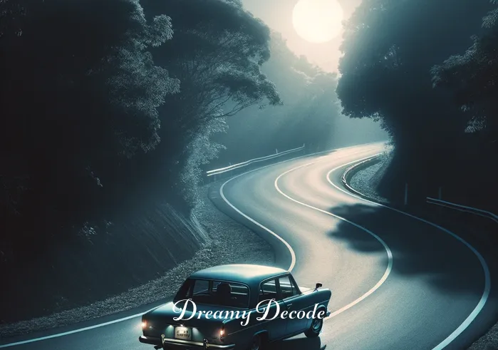 meaning of car crash dream _ A single car traveling on the winding road under the moonlight. The car is a classic sedan, painted a gentle blue, moving smoothly along the curve of the road. The surrounding trees cast soft shadows on the road, enhancing the sense of a solitary journey.