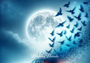 meaning of car crash dream _ A dreamlike, surreal image of the car transforming into a flock of birds. The birds, various shades of blue matching the car's color, soar upwards into the starry sky. The scene symbolizes liberation and transcendence, leaving the crossroads far below, as the moonlight envelops everything in a soft, ethereal light.
