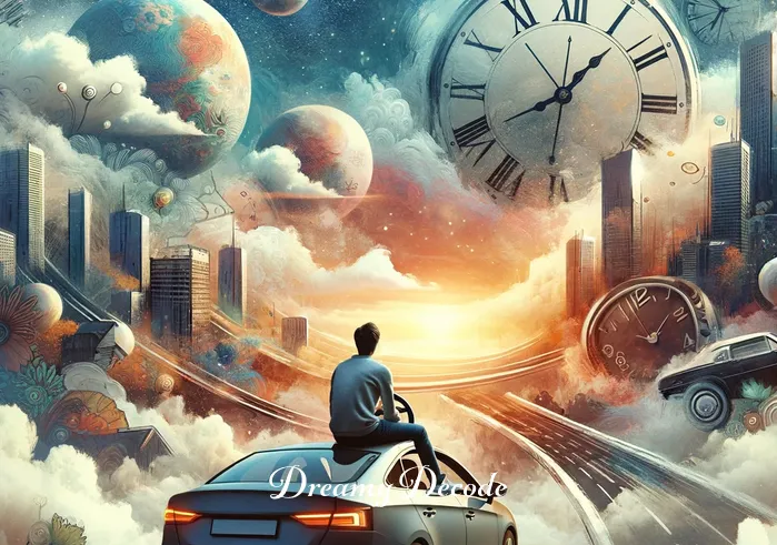 meaning of driving a car in a dream _ A dreamer, with a look of anticipation, sits in a parked car, holding the steering wheel. The car is surrounded by a hazy, dreamlike landscape, blending cityscapes with surreal elements like floating clocks and cloudy skies.