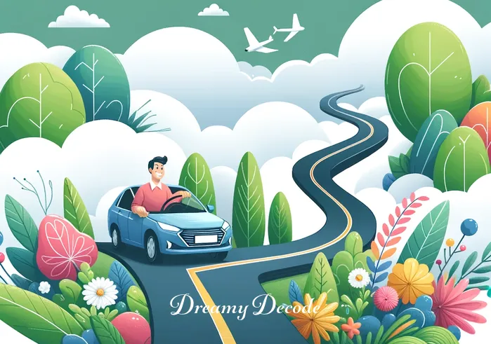 meaning of driving a car in a dream _ The dreamer, now smiling, drives the car along a winding road that ascends into the clouds. The scenery around is vibrant, with lush greenery and blooming flowers, symbolizing growth and progress in the dream.