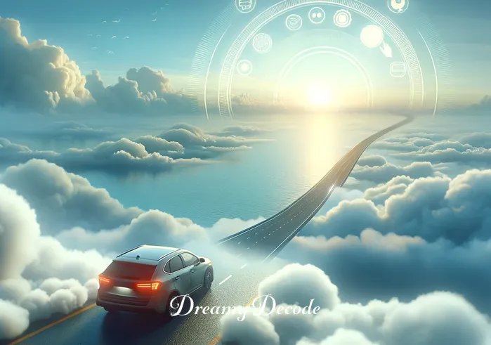 meaning of driving a car in a dream _ In this scene, the car reaches the peak of the cloud-covered road, overlooking a vast, serene ocean below. The dreamer gazes out at the horizon, reflecting a sense of achievement and clarity found in the journey.
