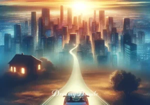 meaning of driving a car in a dream _ The final image shows the car gently descending back towards a brightly lit city at twilight. The dreamer appears relaxed and content, symbolizing a peaceful resolution and a sense of returning home with new insights.