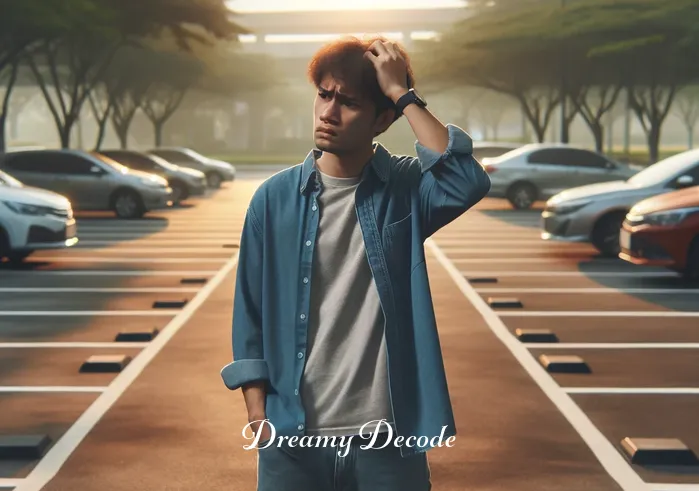 missing car dream meaning _ A person standing in a parking lot, looking confused and distressed, with empty parking spaces around them. The setting is serene, with soft morning light and a few trees in the background, suggesting a peaceful but puzzling situation.