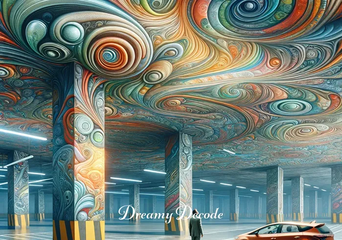 missing car dream meaning _ A dreamlike image of a person searching for their car in a surreal, maze-like parking garage. The walls are adorned with abstract, colorful murals, adding a sense of wonder and complexity to the scene.