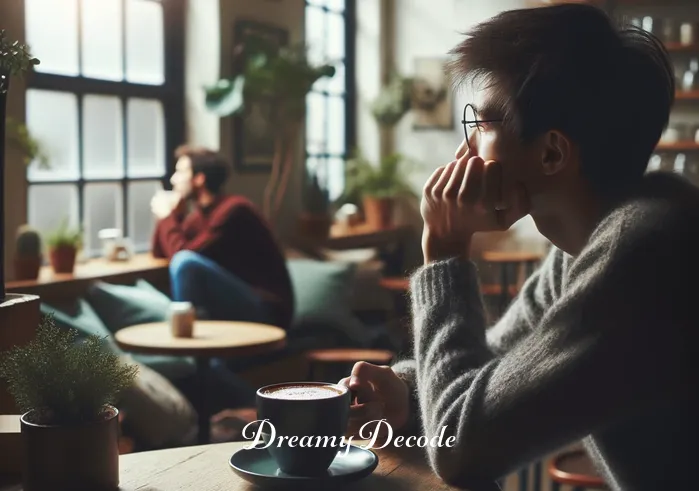 missing car dream meaning _ A scene showing the person from earlier now sitting at a cozy cafe, pensively looking out the window with a hot cup of coffee in hand. The atmosphere is calm and introspective, reflecting a moment of self-reflection or realization.