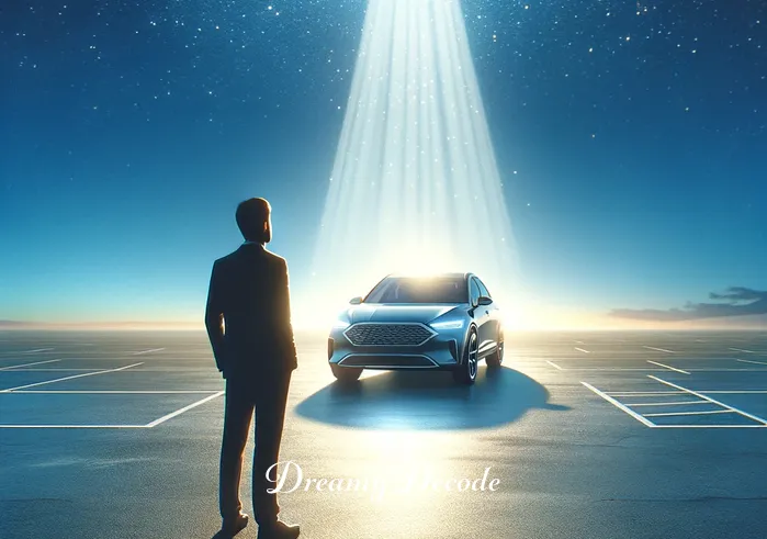 new car dream meaning _ A vivid dream sequence depicting a person standing in a vast, empty parking lot under a clear blue sky, looking in wonder at a shiny new car that suddenly appears, symbolizing opportunity and new beginnings.