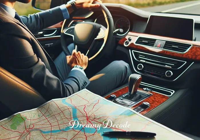 new car dream meaning _ The dream progresses to show the same person confidently sitting behind the wheel of the new car, with a road map spread out on the passenger seat, indicating a journey towards self-discovery and future planning.