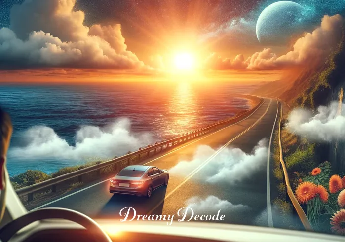 new car dream meaning _ The third scene reveals the dreamer driving the car along a picturesque coastal road, with the sunset in the background, symbolizing the journey towards achieving personal goals and the pursuit of happiness.