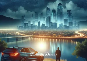 new car dream meaning _ The final image in the dream sequence shows the car parked at the top of a hill, overlooking a serene cityscape at night, representing the dreamer’s attainment of success and a sense of accomplishment in their personal journey.