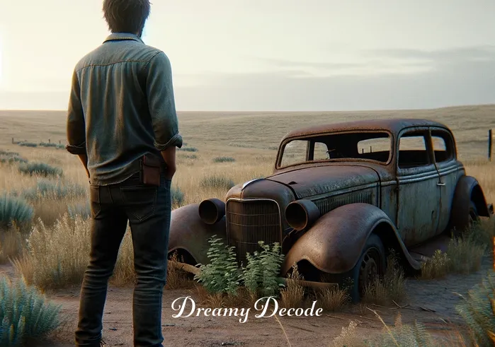 old car dream meaning _ A dreamer standing beside an old, rusty car in a deserted field, gazing at it with a sense of nostalgia and curiosity. The car, with its faded paint and weathered tires, symbolizes forgotten memories or aspects of the dreamer