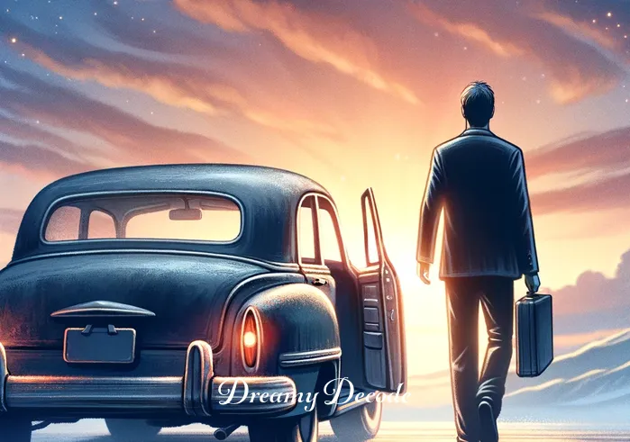 old car dream meaning _ The dreamer steps out of the car, looking back at it with a thoughtful expression. The car, now viewed as a relic of the past, represents the dreamer's acceptance and understanding of their history and its influence on their present life. The background shows the dawn breaking, indicating new beginnings and insights gained from the dream.