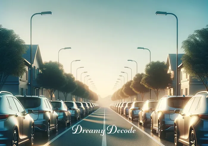 parked car dream meaning _ A serene street with a row of neatly parked cars under a clear blue sky. The setting conveys a sense of peace and order, symbolizing stability and a paused journey in life, reflecting the theme of 