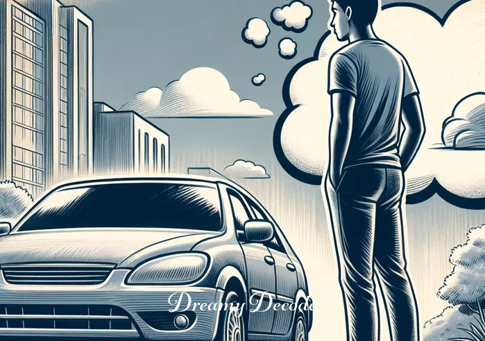 parked car dream meaning _ A person standing beside a parked car, looking thoughtfully at it. The car is stationary, symbolizing reflection and introspection in the context of 