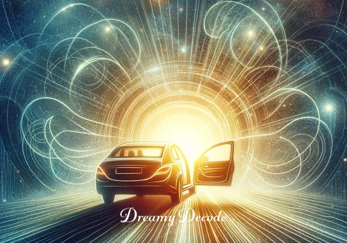 parked car dream meaning _ A dream-like image of the same car, now with its doors open and light emanating from within. This represents an awakening or realization in the journey of life, in line with the 