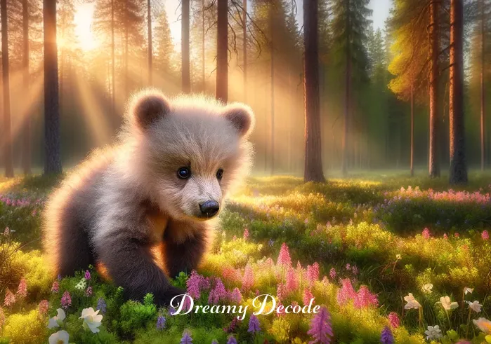 baby bear dream meaning _ A serene forest clearing at sunrise, with soft rays of light filtering through the trees. In the center, a small, fluffy baby bear is seen curiously exploring a patch of colorful wildflowers, its eyes wide with wonder and innocence.