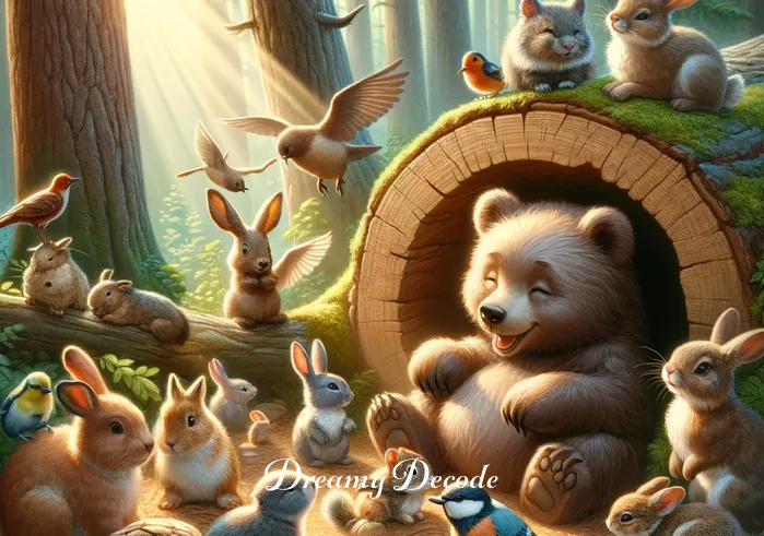 baby bear dream meaning _ A cozy, sunlit forest den, where the same baby bear is playfully interacting with a group of diverse forest creatures, including rabbits, birds, and squirrels. The scene is harmonious, highlighting themes of friendship and unity in nature.