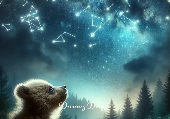 baby bear dream meaning _ A dreamlike, starry night sky over the forest, with the baby bear gazing upwards in awe. Constellations are subtly shaped like bears and other forest animals, symbolizing guidance, protection, and a deeper connection to the universe.