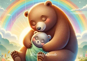 baby bear dream meaning _ A peaceful morning scene showing the baby bear, now resting contentedly in the embrace of a gentle, protective mother bear under a rainbow. This image conveys a sense of security, nurturing, and the strong bond between parent and child.