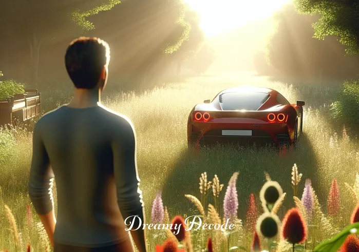 red car dream meaning _ A person standing in a peaceful, sunlit meadow, gazing at a shiny red sports car that has just appeared, symbolizing the beginning of a journey or a new phase in life. The person looks curious and contemplative, reflecting on the sudden presence of the car in such a serene environment.