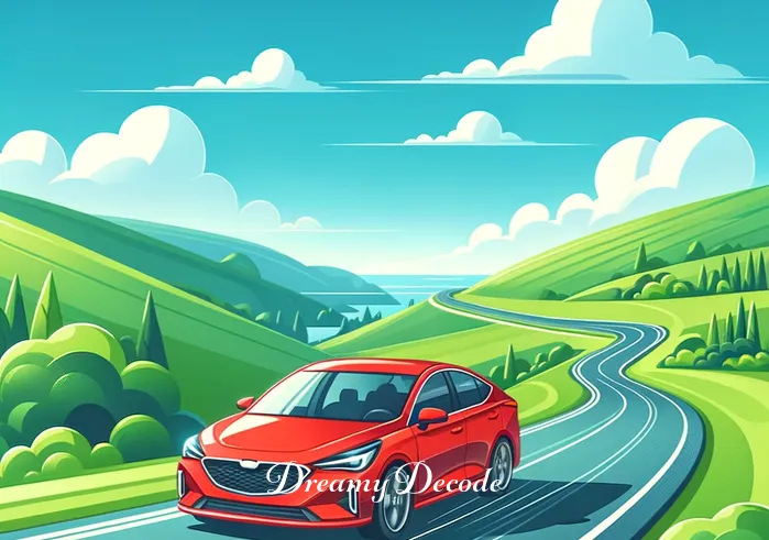 red car dream meaning _ The red car is now in motion, driving along a winding road surrounded by lush green hills under a clear blue sky. The person inside appears joyful and liberated, with the scenery outside the window blurring as the car picks up speed, symbolizing progress and moving forward in life.