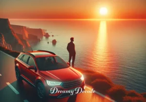 red car dream meaning _ The journey ends as the red car comes to a stop at the edge of a cliff overlooking a vast ocean at sunset. The person steps out of the car, standing beside it, looking out at the horizon. They appear reflective and satisfied, indicating a sense of accomplishment and the culmination of a meaningful journey.
