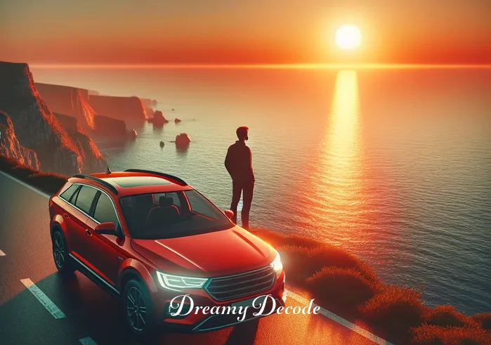 red car dream meaning _ The journey ends as the red car comes to a stop at the edge of a cliff overlooking a vast ocean at sunset. The person steps out of the car, standing beside it, looking out at the horizon. They appear reflective and satisfied, indicating a sense of accomplishment and the culmination of a meaningful journey.