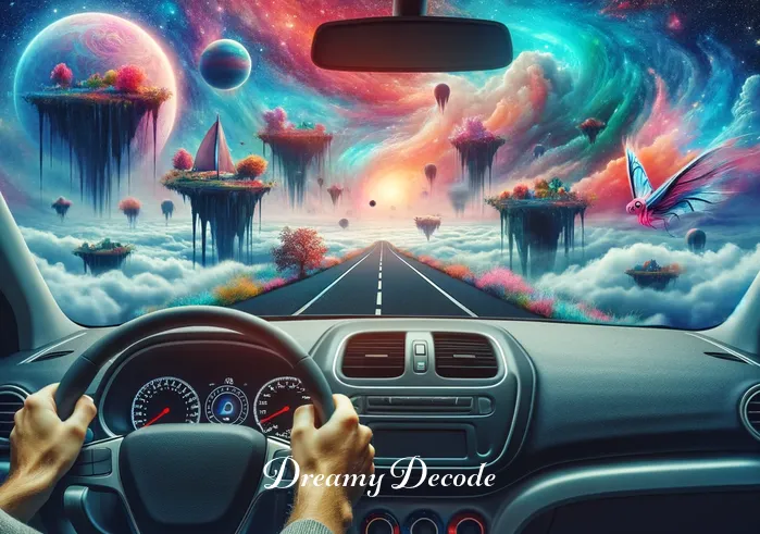 riding in a car dream meaning _ Inside the dream, the perspective shifts to a first-person view from within the car. The dashboard is visible, with hands on the steering wheel, driving through a fantastical landscape with floating islands and colorful, nebulous skies. This conveys a sense of control and adventure in the dream.