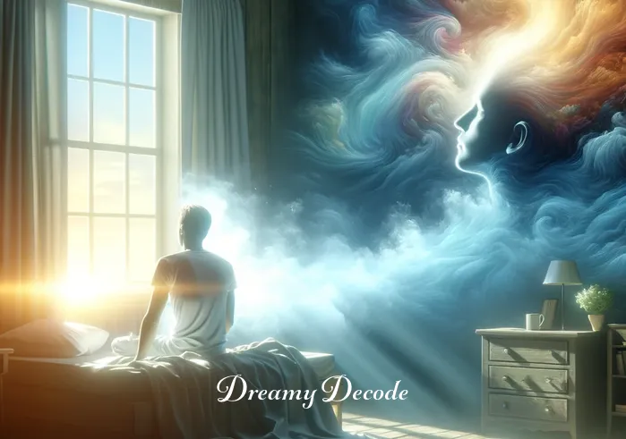 riding in a car dream meaning _ The final image captures the moment of awakening from the dream. It shows a person sitting up in bed, with a look of contemplation, as morning light streams through the window. The peaceful bedroom contrasts with the vivid dream, symbolizing the return to reality and the reflection on the dream's meaning.