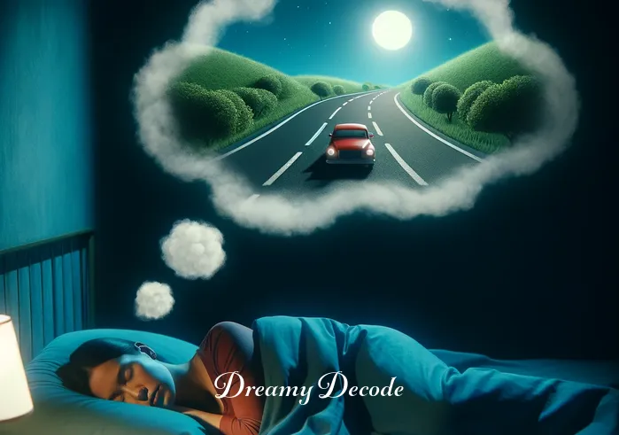seeing a car crash dream meaning _ A person peacefully sleeping in a dimly lit room, with a dream cloud above their head showing a toy car moving swiftly on a winding road amidst green hills under a clear blue sky.