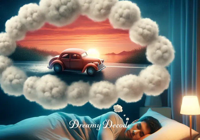 seeing a car crash dream meaning _ In the dream cloud, the toy car is now seen gently colliding with a soft, fluffy pillow barrier, symbolizing a mild obstacle or challenge in the path, against a backdrop of a serene sunset.