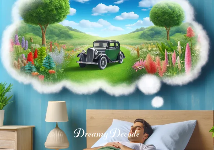 seeing a car crash dream meaning _ The final scene in the dream cloud depicts the toy car safely parked in a beautiful, tranquil garden, symbolizing resolution and peace after overcoming the obstacle, with the person still sleeping soundly below.