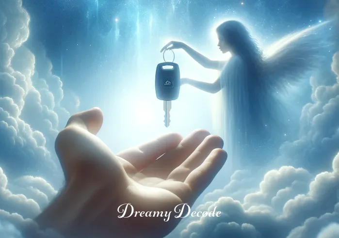 someone giving you a car key in a dream meaning _ A person standing in a serene, cloud-filled dreamscape, looking surprised and curious as an ethereal figure approaches them, holding out a shimmering car key. The key glows softly in the dreamy light, symbolizing an offer or opportunity.