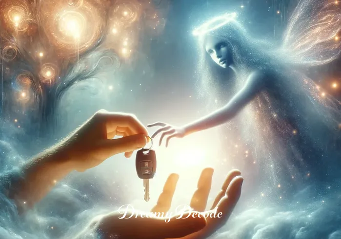 someone giving you a car key in a dream meaning _ The ethereal figure gently placing the glowing car key in the palm of the person