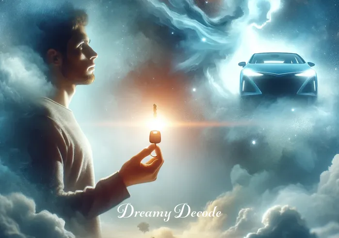 someone giving you a car key in a dream meaning _ The person now holding the key, their expression one of contemplation and wonder. In the background, a phantom car appears, its form hazy and dreamlike, symbolizing potential journeys and new paths in life.