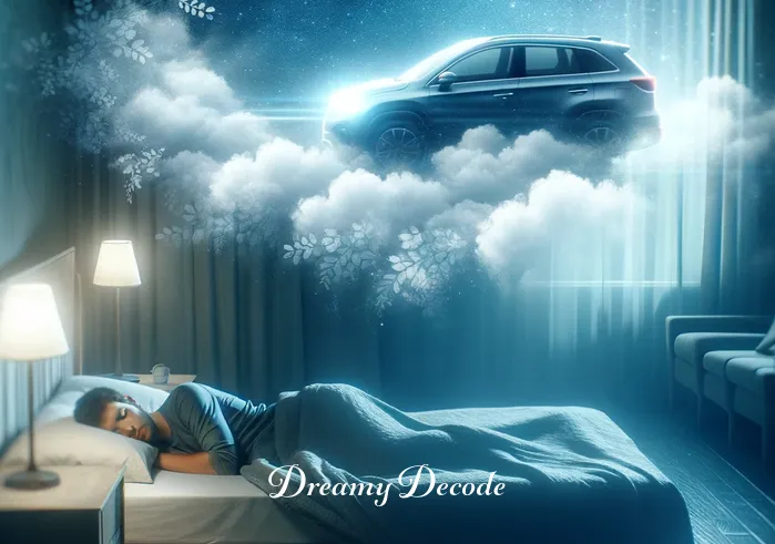 spiritual meaning of a car being stolen in a dream _ A serene night scene with a person peacefully sleeping in a softly lit bedroom, surrounded by dreamy, ethereal clouds and a transparent image of a car floating above their head, symbolizing the dream state.