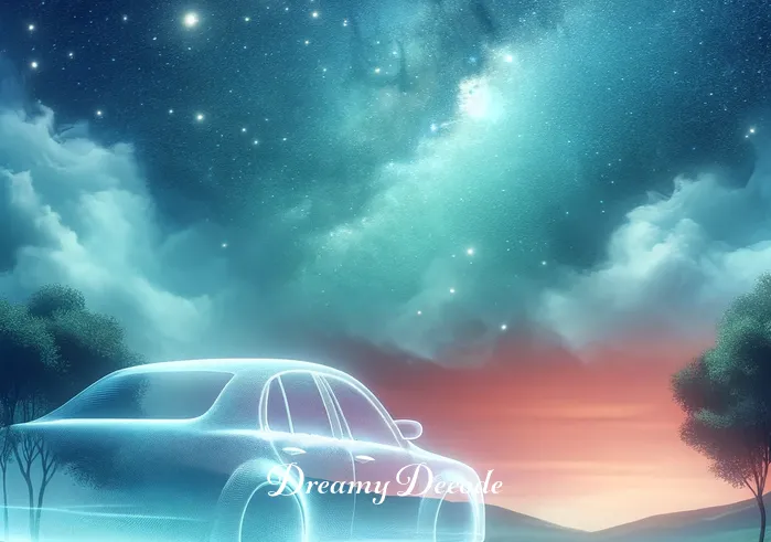 spiritual meaning of a car being stolen in a dream _ A dream-like, surreal landscape showing the transparent car from the first image gently drifting away into a starry sky, illustrating the concept of the car being stolen in the dream. The background features calming colors and a tranquil setting.