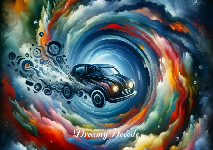 spiritual meaning of a car being stolen in a dream _ A symbolic representation of emotional turmoil, depicted by a swirling vortex of colors and abstract shapes surrounding the disappearing car, capturing the feelings of loss and confusion associated with the dream of the car being stolen.