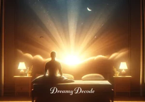spiritual meaning of a car being stolen in a dream _ A hopeful sunrise scene with the person from the first image waking up, sitting on their bed, with a small, reassuring light illuminating the room. The atmosphere is calm and comforting, symbolizing the resolution and understanding of the dream's spiritual meaning.