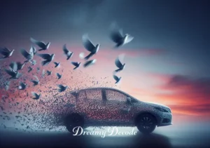 spiritual meaning of a car in a dream _ A serene image of a car slowly disintegrating into a flock of doves, set against a twilight sky. The car, once solid, now seamlessly transitions into birds, symbolizing transformation, peace, and the release of material attachments in pursuit of spiritual enlightenment.